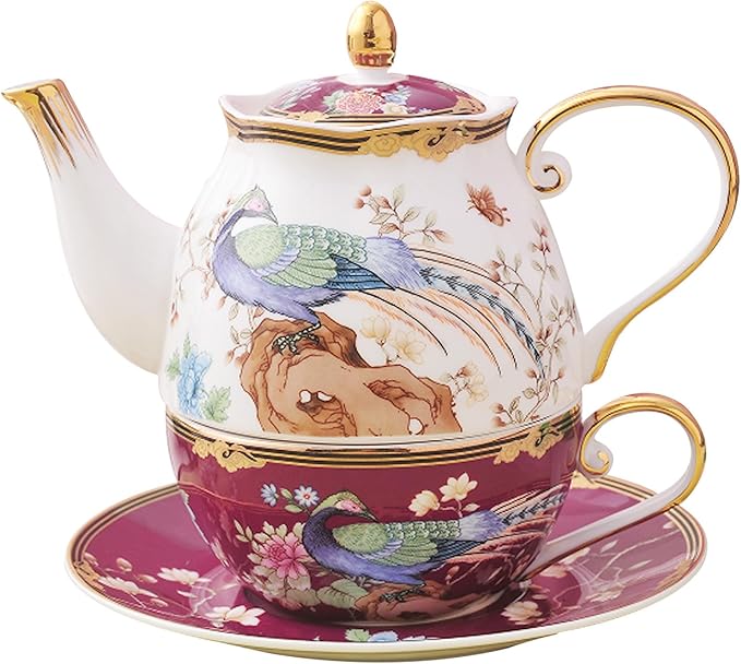 ACMLIFE Bone China Tea Set For One Teapot And Cup Set, Vintage Floral Tea Cup Set With Teapot and Saucer Set 12 Oz Bone China Teapot For One Set Red And White Gift Giving For Women (Fuchsia) - Bloomnest