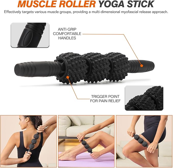 5 in 1 Foam Roller Set - Trigger Point Foam Back Roller, Muscle Roller Stick, Massage Ball, Stretching Band for Deep Muscle Massage Pilates Yoga,Fitness Exercise for Whole Body Release (Black)
