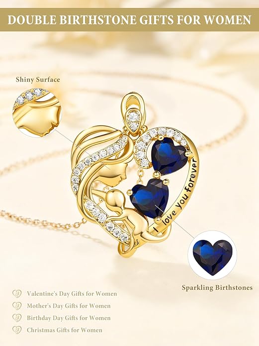 14K Gold Double Birthstone Heart Necklace for Women Mom, Mother Son/Daughter Pendant Necklace for Christmas Mother's Day Birthday Gifts for Wife Daughter Grandmom - Bloomnest