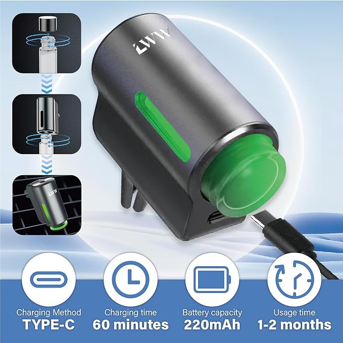 Car Air Freshener - Smart Adjustable 3-Speed Intensity, Rechargeable Humidifier Car Essential Oil Diffuser - Comes with 8 Bottles of 10ml Perfume (Gray) - Bloomnest