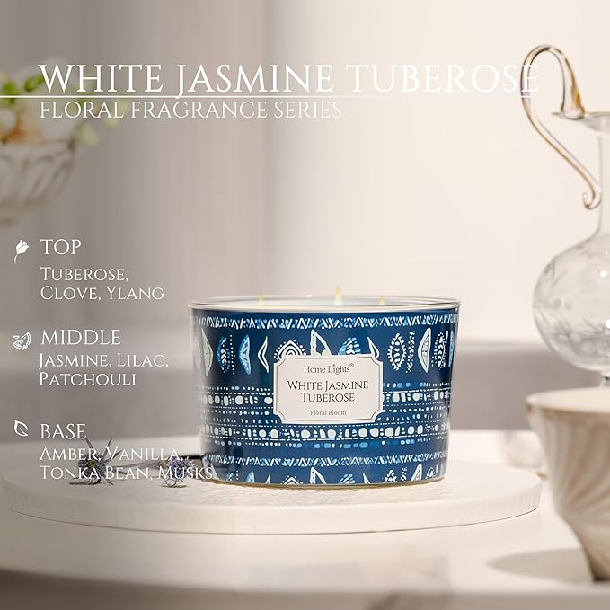 HomeLights Scented Candles for Women & Men, 18oz Candle Jars Aromatherapy 4-Wick Candle, Ideal for Bohemian Natural Textures Home Decor and Gifts, White Jasmine Tuberose - Bloomnest