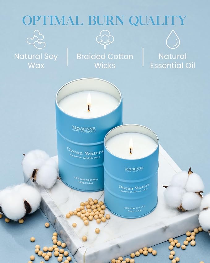 M&SENSE Ocean Waters Scented Candles Summer Soy Candle,Beach Candle for Stress Relief Meditation Relaxing, Housewarming Gifts for Women Men, 11.3oz 70 Hour Long Burning - Bloomnest