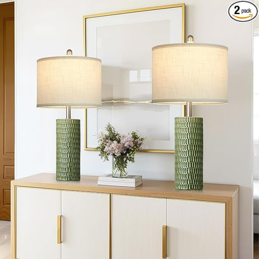 Modern Ceramic Table Lamps for Night Stands - Bedside Lamps Set of 2 for Nightstand, 27" Green Elegant Bedroom Lamp for Night Stand Desk Side End Table Home Decor(2 Bulbs Included) - Bloomnest