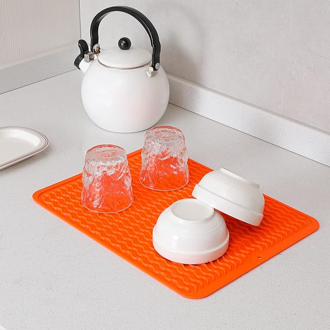 Silicone Dish Drying Mat for Multiple Usage,Easy clean,Eco-friendly,Heat-resistant Silicone Mat for Kitchen Counter or Sink,Refrigerator or drawer liner Orange L 16 inches x 12 inches - Bloomnest
