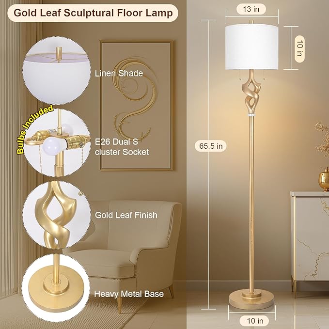 Scenekoy Sculptural 65.5” Floor Lamp for Living Room Bedroom, Gold Leaf Finish & Resin Body, Pull Chains Switch Standing Lamp, Brightness Adjustable Corner Lamp with Bulb Prefer for Home Office Bar - Bloomnest