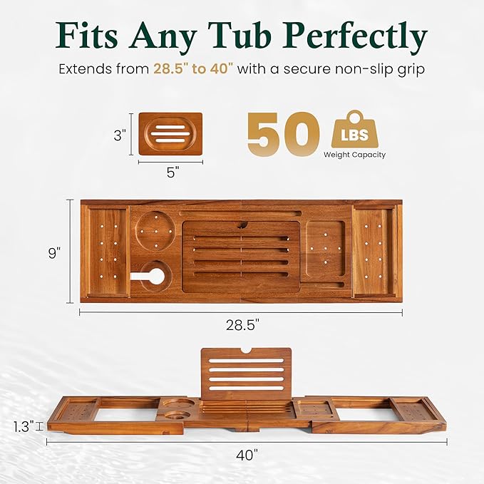 Teak Bathtub Tray, Bath Caddy with Wine Glass Holder, Phone Dock & Book Stand | Hands-Free Reading & Ultimate Spa Relaxation Experience-Natural - Bloomnest