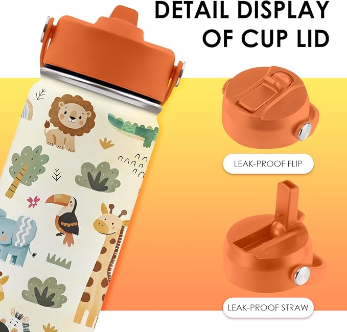 16oz Kids Wild Animal Water Bottle with Straw Lid, Stainless Steel Insulated Tumbler, Leakproof, BPA-Free, for Boys & Girls, Travel - Forest Friends Nature Lovers Birthday Gift Cup (1pc) - Bloomnest
