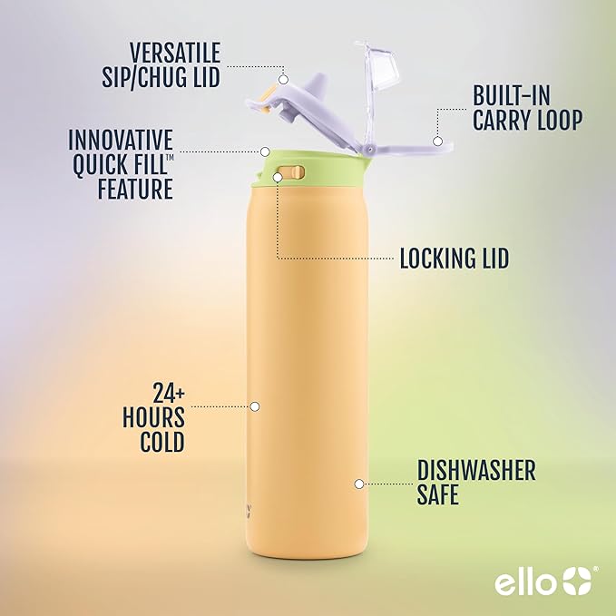 Ello Pop & Fill Insulated Stainless Steel Water Bottle with Quick Fill Lid, Leakproof Locking, Sip or Chug Spout, BPA-Free, Double Wall Vacuum Insulated for Sports, Travel & School- 22oz / 32oz / 40oz Ello