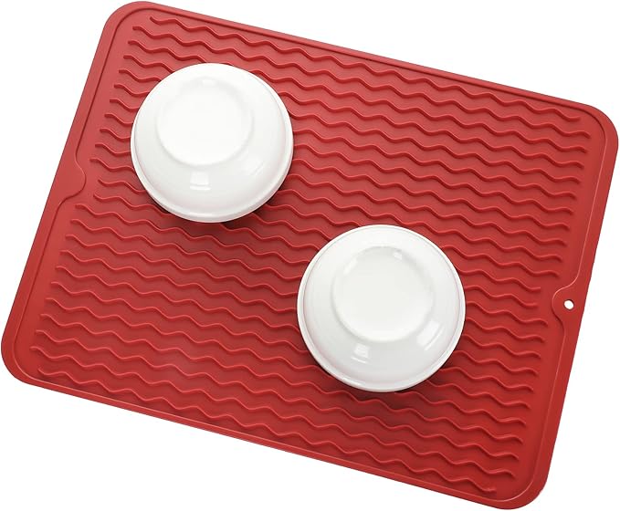 Silicone Dish Drying Mat for Multiple Usage,Easy clean,Eco-friendly,Heat-resistant Silicone Mat for Kitchen Counter or Sink,Refrigerator or drawer liner Red L 16 inches x 12 inches - Bloomnest