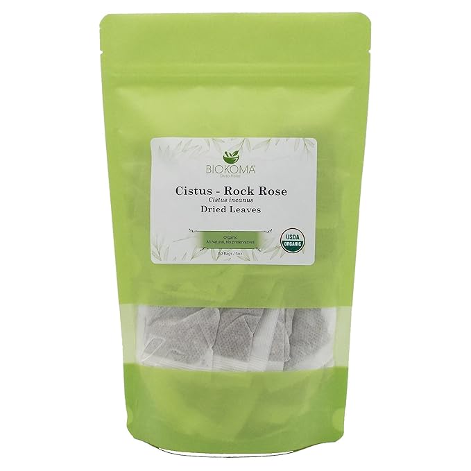 Biokoma Pure and Organic Cistus - Rock Rose (Cistus incanus) Dried Leaves Tea 60 Bags In Resealable Moisture Proof Pouch,USDA Certified Organic-Herbal Tea, No Additives,No Preservatives,No GMO, Kosher - Bloomnest