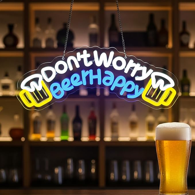 Don't Worry Beer Happy Neon Sign,Bar Sign,Beer Neon Sign,USB Powered with Dimmable Switch,Neon Signs for Wall Decor for Bar,Club,Party,Neon Signs for Man Cave - Bloomnest