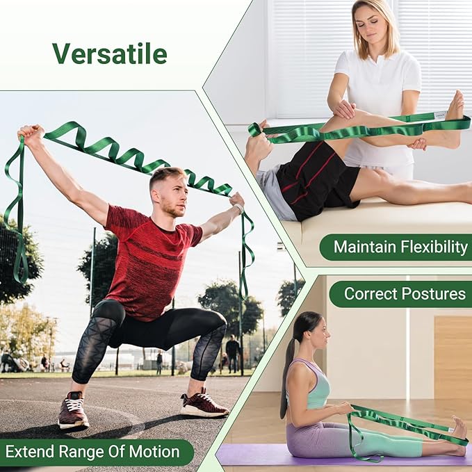 Stretch Strap With Loops For Physical Therapy, Yoga Straps For Stretching With Loops, Non-elastic Leg Straps For Knee Rehab, 8 ft Long x 1.2 inch Wide - Bloomnest