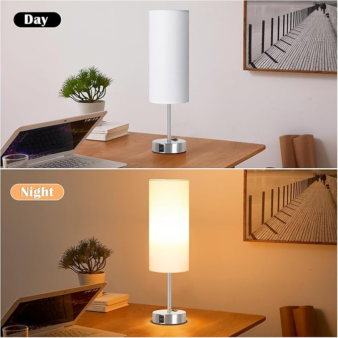 ZJOJO Table Lamp for Bedroom 2 Pack,18in Bedside Lamps with 3 Way Dimmable Rocker Switch & AC Outlet,Nightstand Desk Lamp with White Fabric Shade Nickel Basee for Living Room Home Decor Lights - Bloomnest