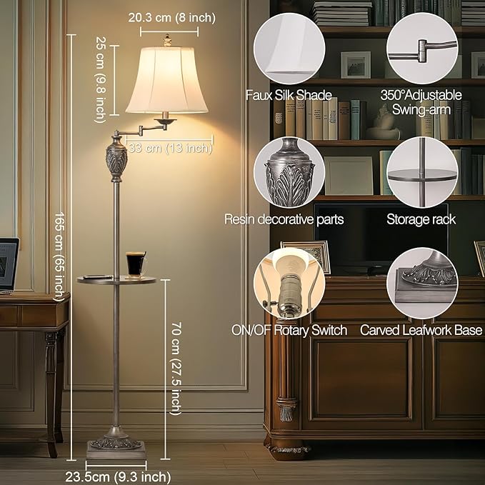 Traditional LED Floor Lamp with 350° Adjustable Swing Arm Lamp – Vintage Standing Pole lamp for Living Room, Bedroom and Office – Rustic Upright Floor Light for Home Décor with Silk Fabric Shade - Bloomnest