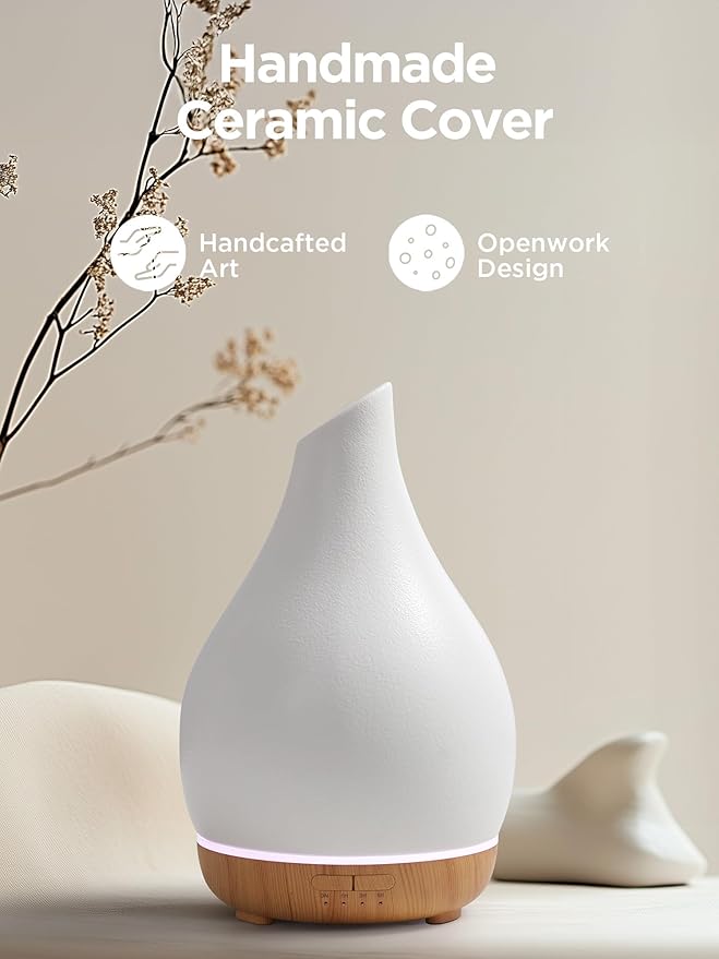 InnoGear Essential Oil Diffuser, 300ml Ceramic Diffuser for Home Handcrafted Stone Aromatherapy Diffusers Ultrasonic Cool Mist Humidifier Vaporizer 4 Timers, White Vase-Shaped Ceramic, Large - Bloomnest