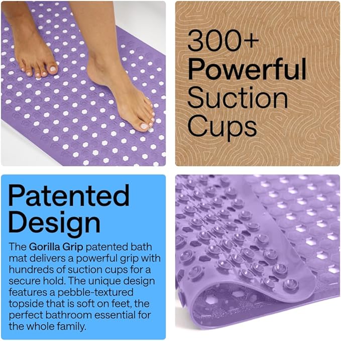 GORILLA GRIP Patented Bath Tub Shower Mat, Machine Washable Bathtub Floor Liner Mats, Suction Cups and Drain Holes to Keep Tubs Clean, Soft on Feet, Bathroom Essentials, 35x16 Inch, Purple Opaque - Bloomnest