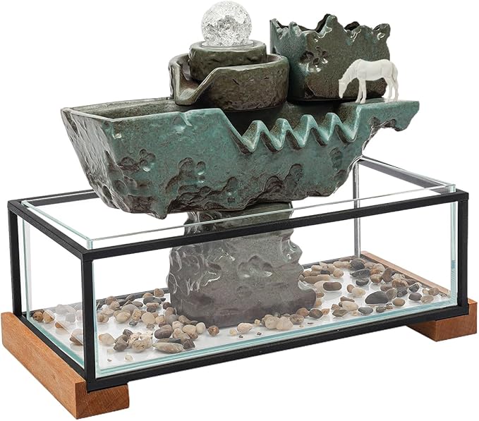 Modern Tabletop Water Fountain with LED Lights, 5.6 Gallon Fish Tank Decoration with Pump for Home Office Desk Decoration, Relaxing Desktop Waterfall Fountain with Mist Maker - Bloomnest
