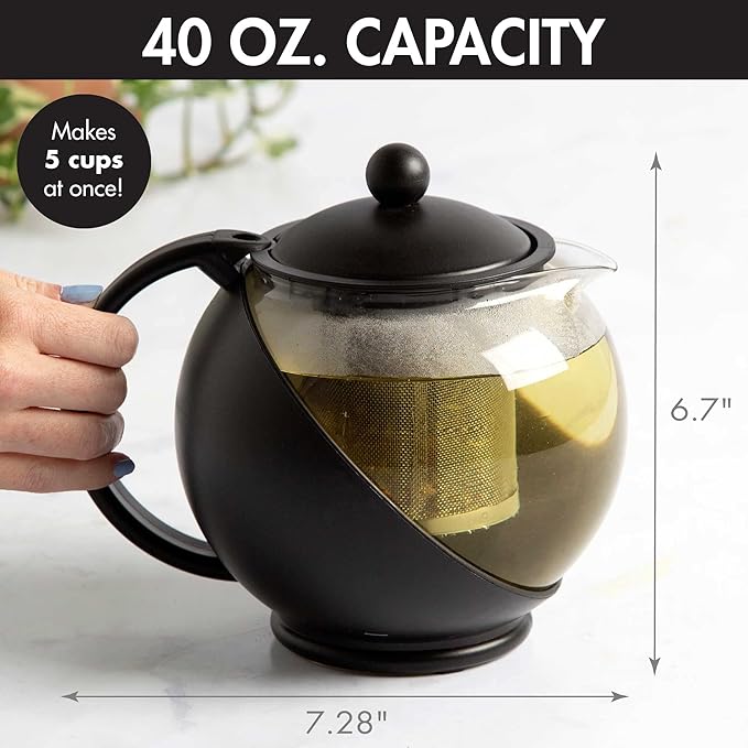 Primula Half Moon Teapot with Removable Infuser, Glass Tea Maker with Reusable Fine Mesh Stainless Steel Filter, Dishwasher Safe, 40-Ounce, Black - Bloomnest