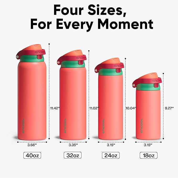 ENCOOL Leakproof Insulated Water Bottle with Straw Dual-Sip Water Bottle Bag-Safe Design for Work, Commute & Gym – Keeps Drinks Cold All Day, 24 oz, Coral Red ENCOOL
