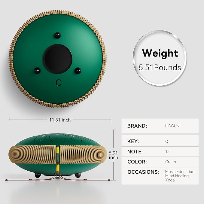Steel Tongue Drum 12 Inch 15 Notes, Steel Drums Instruments for Kids Adults, Hand Pan Drum with Music Book, Drum Mallets and Carry Bag, Handpan C Major, Green - Bloomnest