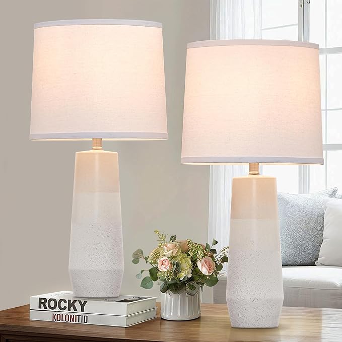 25.25" White Ceramic Table Lamps for Living Room, Ceramic White Lamps Set of 2 for Nightstand, Minimalist Beige Table Lamp Set of 2 for Bedroom, Console Reading Table Lamps - Bloomnest