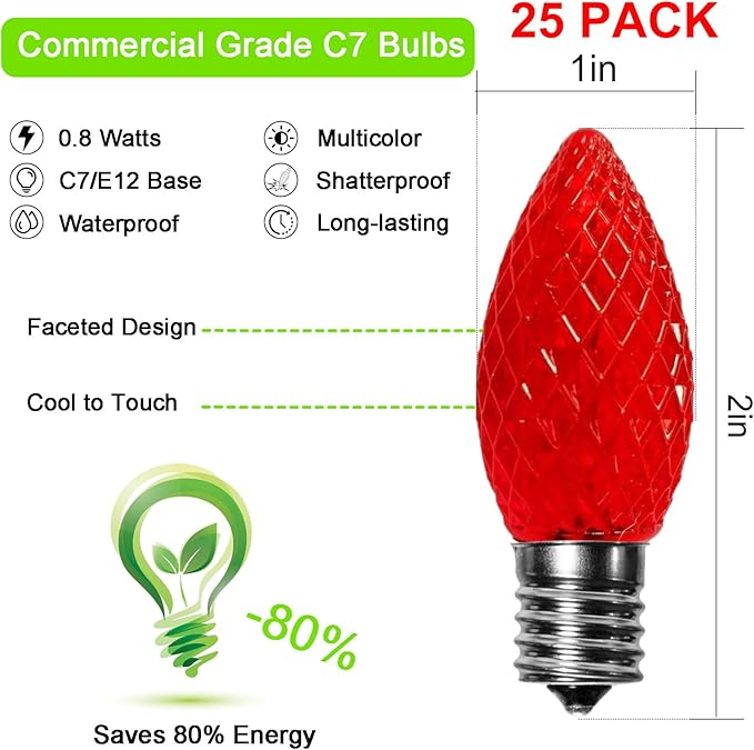 echosari 25 Pack C7 LED Replacement Christmas Light Bulbs 0.8W for Outdoor String Light, UL Listed Commercial Grade Holiday Bulbs, C7/E12 Candelabra Base Sockets (Multicolor) - Bloomnest
