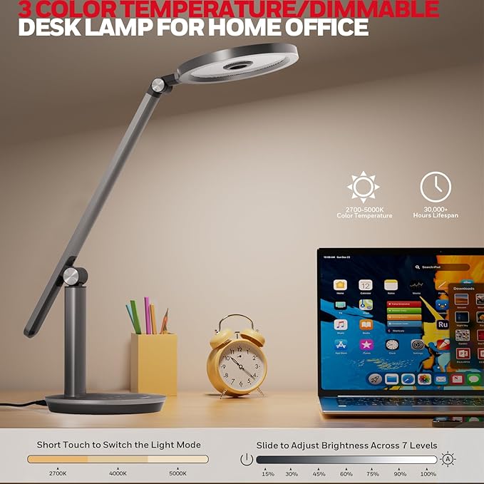 Honeywell Desk Lamp for Home Office, H6 Sunturalux™ Eye-Caring Led Desk Light, 800LM Dimmable Desk Lamp with Timer, Touch Control Tall Desk Reading Light, Table Lamp for Circle Webcam, Study, Bedroom - Bloomnest