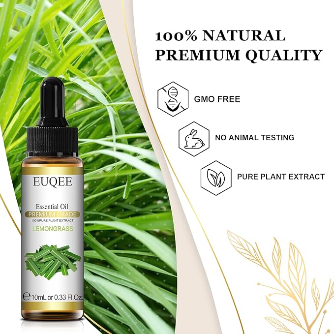EUQEE Lemongrass Essential Oil 0.33 oz/10 ml Premium Essential Oil for Diffusers, Humidifier, Candle Making, DIY Soap - Bloomnest