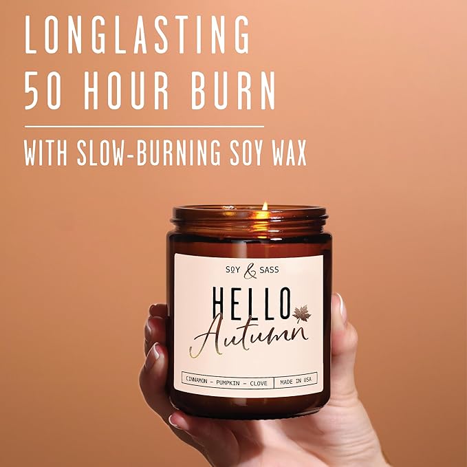 Fall Candles - ‘Hello Autumn’ Soy Fall Candle w/Apple, Cinnamon & Nutmeg I Infused with Essential Oils I Autumn Scented Candles I Cozy Décor Gifts I 9oz Jar I 50Hr Burn I Made in USA - Bloomnest