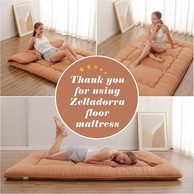 Japanese Floor Mattress, Futon Mattress with Portable Storage Bag and Washable Cover, Roll Up Thick Tatami Mat Suitable for Camping, Guest Room, Light Coffee, Full - Bloomnest