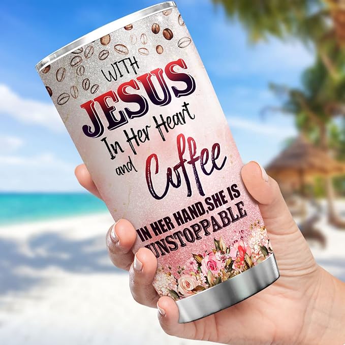 With Jesus In Her Heart And Coffee In Her Hand Insulated Stainless Steel Tumbler Flower Floral Christian Coffee Cup 20oz God Jesus Gifts For Women Religious Mug With Lid - Bloomnest