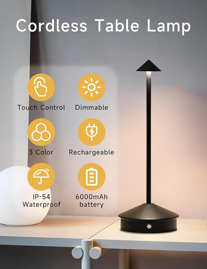 Cordless Table Lamps,LED Rechargeable Desk Lamp,Portable Modern USB Battery Operated Lights,Outdoor Waterproof Touch Dimmable,for Patio,Restaurant,Bar,Camping,Dining Home Set of 2 Black - Bloomnest