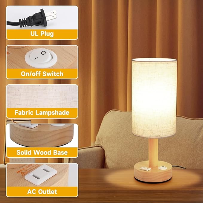 Small Bedside Table Lamp with AC Outlet,Natural Round Wood Base&Fabric Linen Shade,Cozy Night Table Light for Study Reading,Minimalist Boho Desk Lamp for Nightstand,Living Room,Nursery,Kitchen,Dorm - Bloomnest
