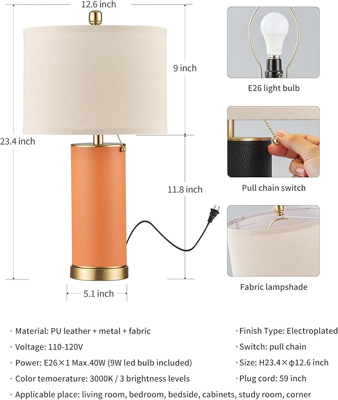 KDG 23.4" Orange PU Leather Table Lamps for Living Room Set of 2, 3 Level Brightness LED Modern Home Decor Fabric Lampshade Desk Lamp Lighitng for Bedroom, Bedside, Farmhouse, Nightstand, Night Light - Bloomnest
