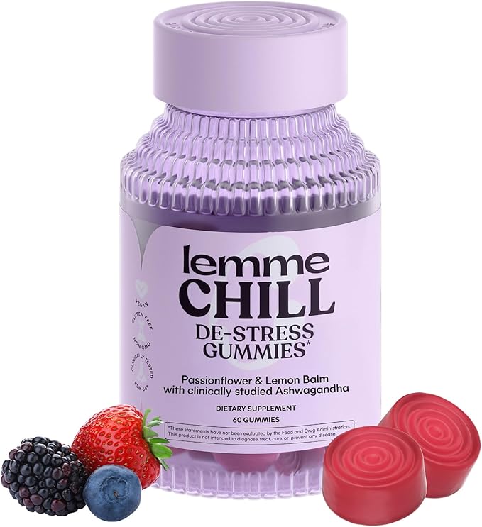 Lemme Chill Stress Relief Gummies with 300mg KSM-66 Ashwagandha, Lemon Balm, Passionflower & Goji to Support Relaxation, Healthy Cortisol & Sleep - Gluten-Free, Non-GMO, Mixed Berry (60 Count) - Bloomnest