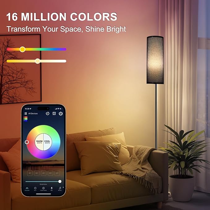 FRIDEKO HOME Floor Lamp, Color Changing Ambient Lighting for Living Room Bedroom, Standing Lamp with App & Remote Control, Tall Corner Lamp for Christmas Home Decor, 9W 800LM, Foot Switch, Black Shade - Bloomnest