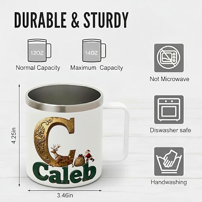Personalized Christmas Insulated Coffee Mug with Handle, Custom Initial Name, Reindeer Santa Design, Stainless Steel Tumbler for Hot & Cold Drinks, Unique Holiday Gift for Men, Women, Kids (B126) - Bloomnest