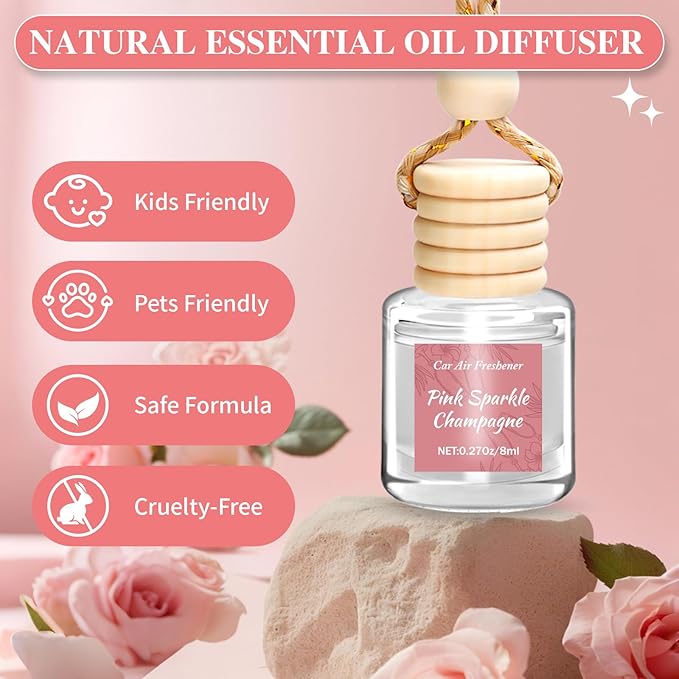 6 Pack Car Air Freshener, Long Lasting Natural Essential Oil Fragrance Diffuser - Pink Sparkle Champagne, Moonlit Gardenia & Nocturne Rose, Hanging Female Perfume Car Accessories Decor Gift - Bloomnest