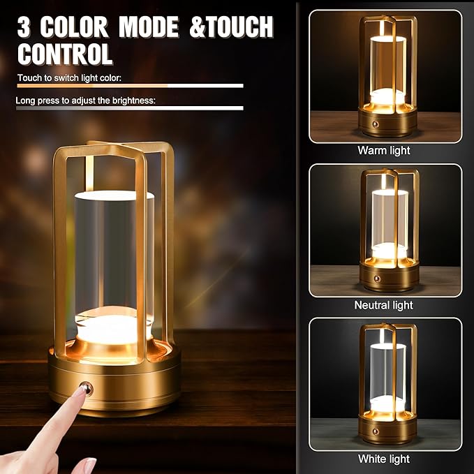 Portable Metal Table Lamp,Cordless Table Lamp, Rechargeable Battery Operated Lights, LED Table Lamps, 3 Color Stepless Dimming Touch, for Bedroom Restaurant Home Outdoor (Golden) - Bloomnest