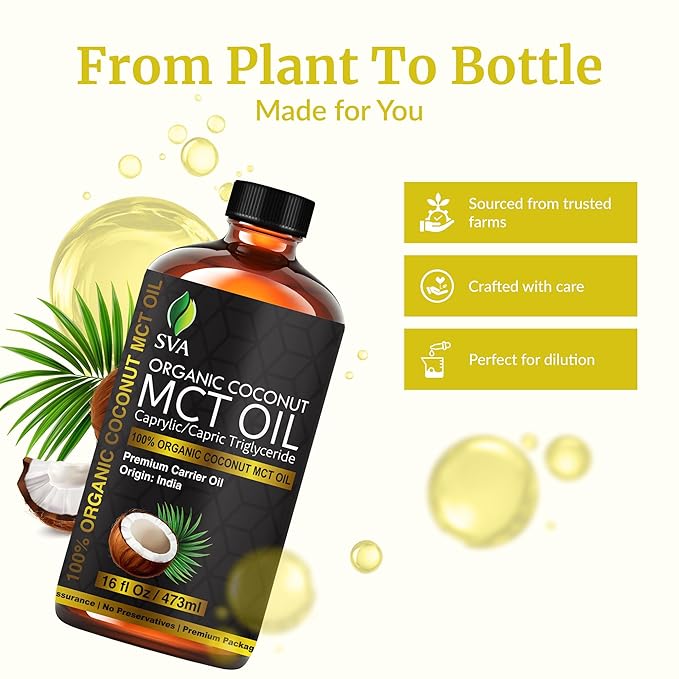 SVA MCT Oil Organic - 16 Fl Oz – 100% Natural Cold Pressed Organic MCT Oil - for Face, Skin Care, Hair Care, Scalp Massage & Body Massage – Carrier Oil - Bloomnest