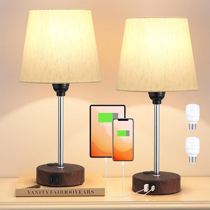 Acaxin Reddish Brown Bedside Lamps Set of 2 - Nightstand Bedroom Lamp with USB C Port and AC Outlet Charging, 3 Way Dimmable Touch Control Small Bed Side Table Lamp, Nightstand Light - Bloomnest