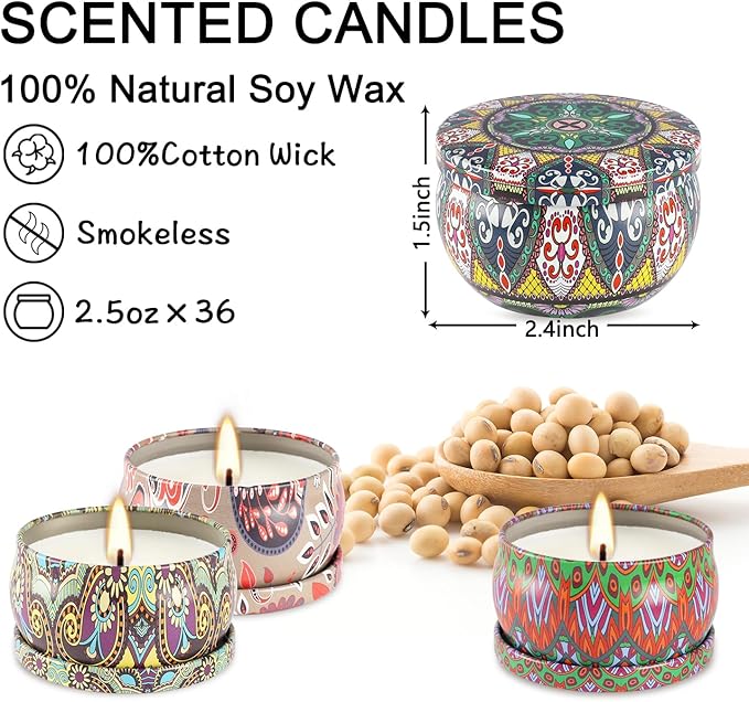 36 Pack Scented Candles Set for Home, Relaxing Stress Relief, Aromatherapy - Natural Soy Wax and Fragrance - Gifts for Women, Mom, Best Friend, Wife, Birthday - Bloomnest