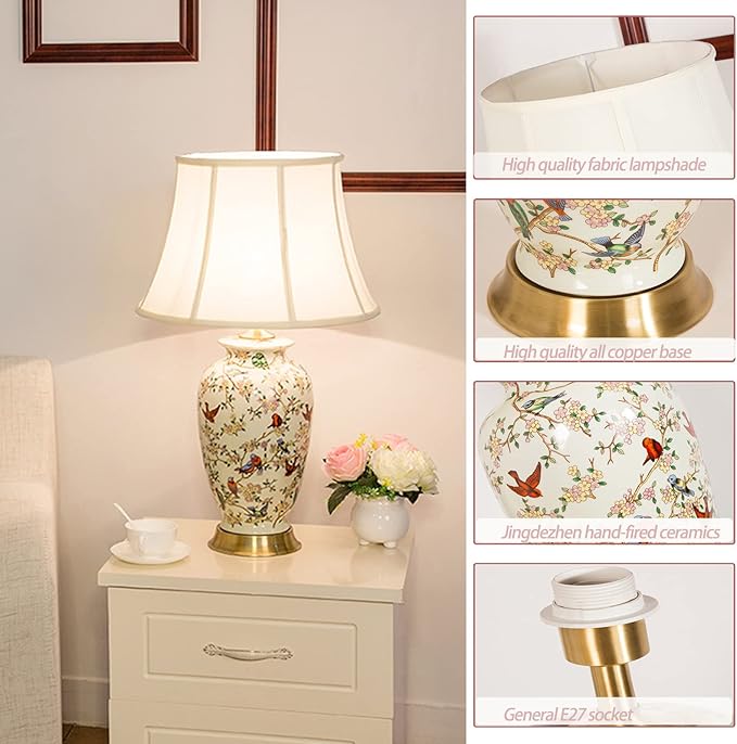 PURESILKS White 27" Flower and Bird Ceramics Table Lamp Chinoiserie Desk Lamp,Fabric Drum Shade,Gold Base, Tall Table Lamp Decor for Living Room Bedroom Bedside Office College Bookcase - Bloomnest