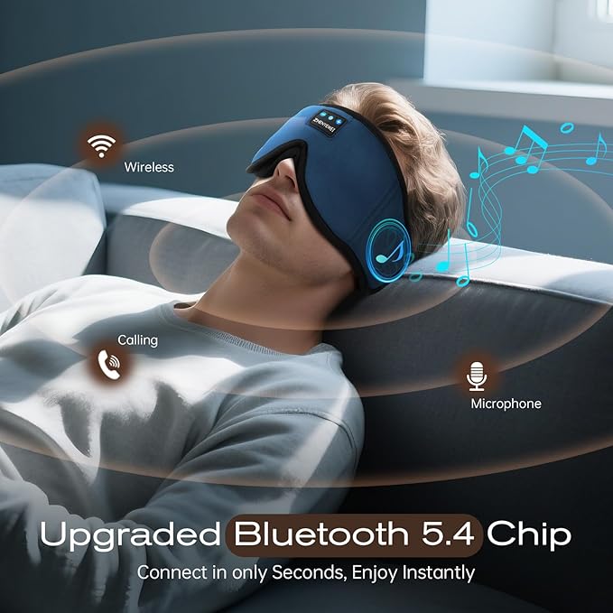 3D Sleep Mask with Bluetooth Headphones, Sleeping Headphones for Side Sleepers, Wireless Music Eye Mask with Ultra-Thin Stereo Speakers for Men, Women, Tech Gifts, Deep Blue - Bloomnest