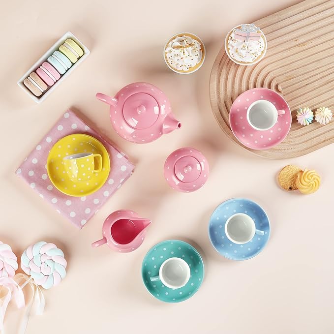 fanquare Porcelain Tea Set for Little Girls,12 Pieces Pretend Play Coloful Tea Set with Pink Box for Kid's Birthday - Bloomnest