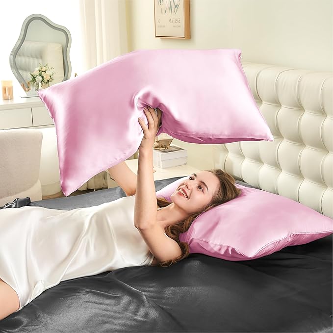 INFIIXSO Silk Pillow Cases 2 Pack Standard Size, Ultra Smooth & Soft Mulberry Silk Pillow Case for Hair and Skin, Breathable Cooling Silk Pillowcase with Hidden Zipper (Pink, 20x26 Inches) - Bloomnest