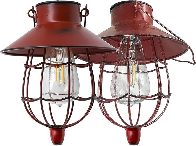 YAKii 2 Pack Solar Lantern Hanging Waterproof Outdoor Metal Solar Lamp with Warm White Light Decorate for Yard Garden Pathway Patio Porch Decor (Red) - Bloomnest