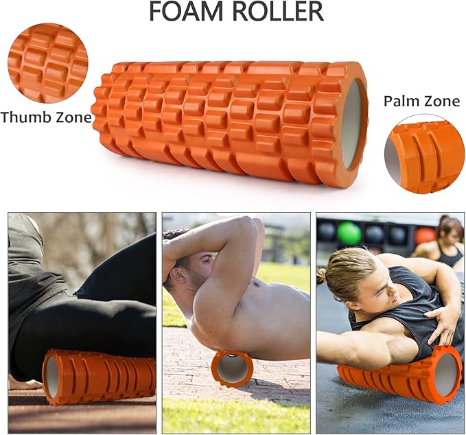 5 in 1 Foam Roller Set for Deep Tissue Muscle Massage, Trigger Point Fitness Exercise Roller, Massage Ball, Stretching Strap, Whole Body (Orange) - Bloomnest