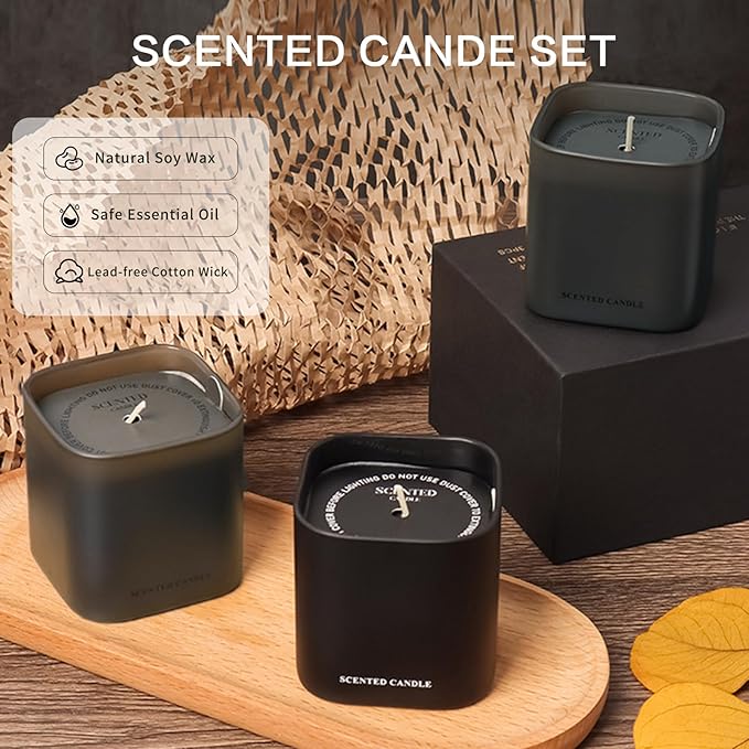 Scented Candles for Men - 3 Pack Vanilla Teakwood Mens Candles Gift Set | Essential Oil Soy Wax Candle | Luxury Masculine Gifts for Him, Husband, Boyfriend - Bloomnest