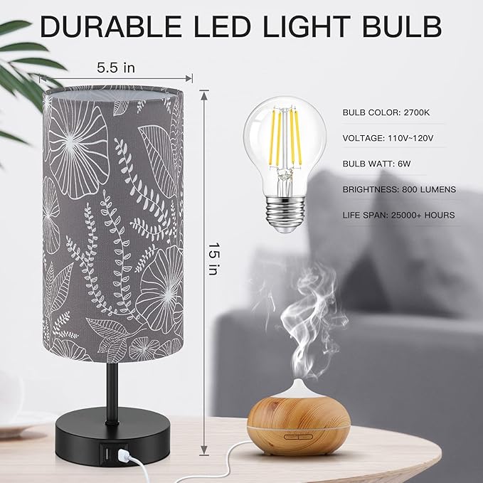Touch Control Bedside Lamp with 2 USB Ports, 3-Way Dimmable Table lamp for Bedroom, Nightstand Lamp with Round Grey Fabric Shade for Living Room Home Office (E26 LED Bulb Included) - Bloomnest